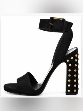 Gucci Studded Block High Heel Sandals Black Suede Ankle Strap Gold Size 37.5 7.5
